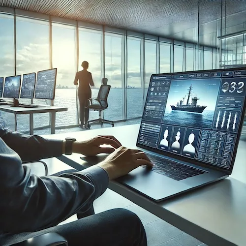 Person in einem modernen Büro mit Blick aufs Meer, arbeitet an einem Laptop in maritimer moderner Umgebung.